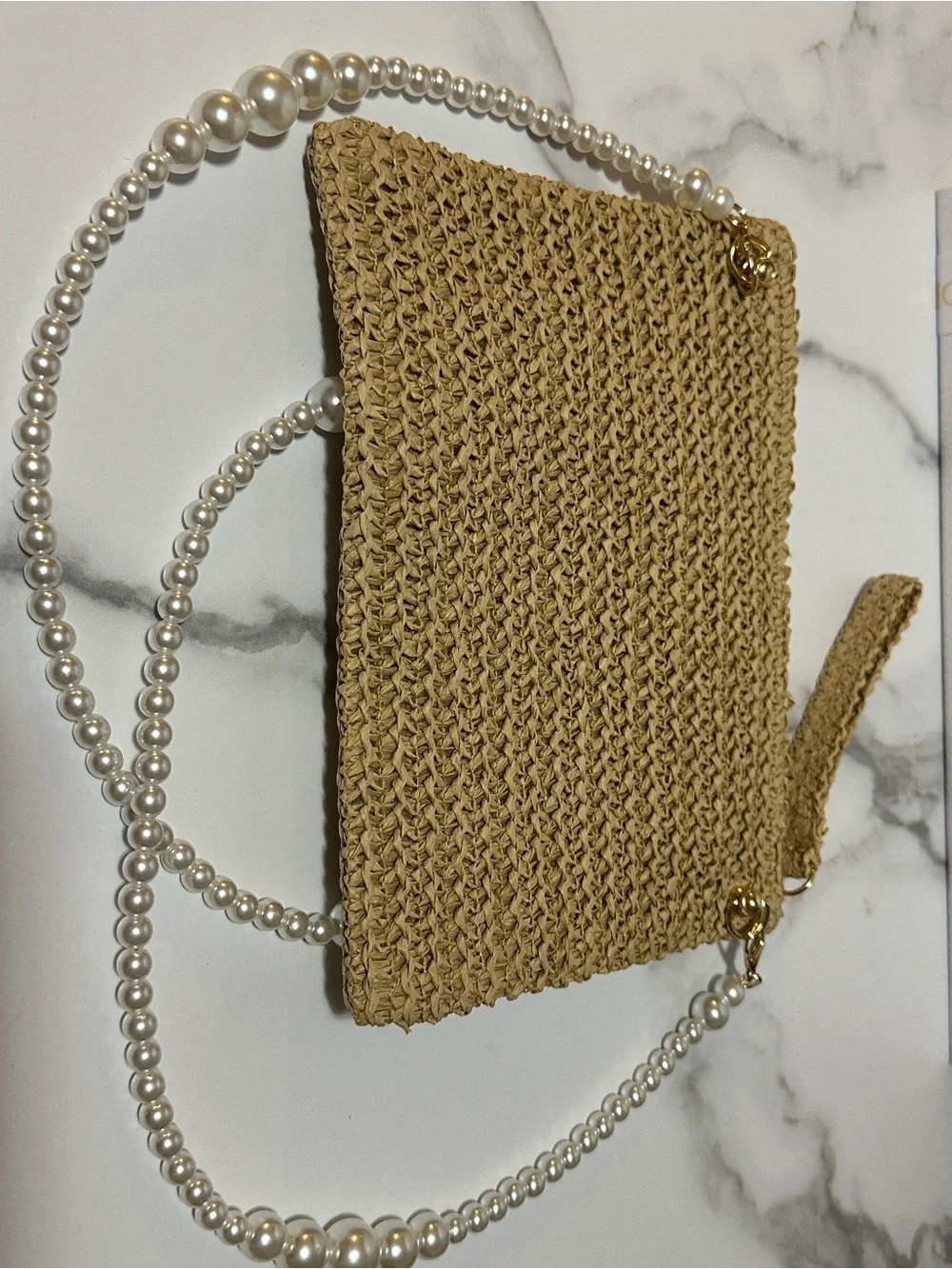 Dior Beauty Tan Woven Raffia Pouch with added Pearl crossbody strap 🤩